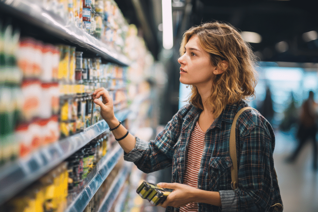 Cliente en magasin comparant les prix de produits affichés sur des étiquettes électroniques dans un rayon bien éclairé.