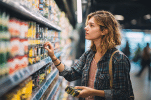 Cliente en magasin comparant les prix de produits affichés sur des étiquettes électroniques dans un rayon bien éclairé.